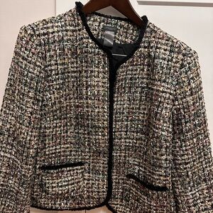 Ann Taylor tweed multi color hip length blazer with fringe trim.